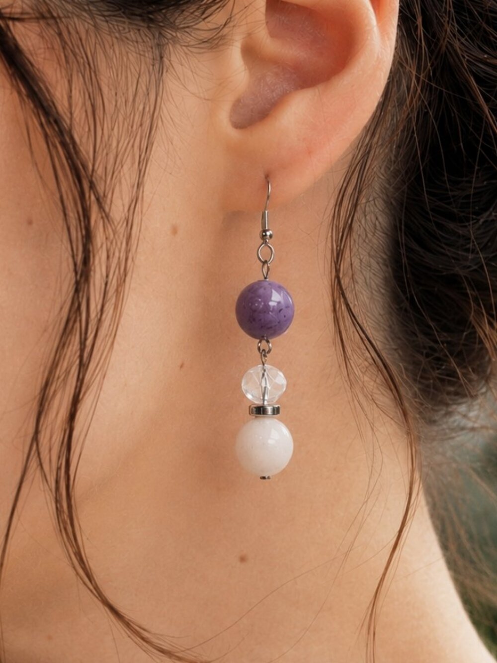 Purple & White Chalcedony Crystal Dangle Earrings - Stainless Steel Wire